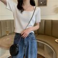 Short Sleeve Square Collar Top Women's Clothing New Spring and Summer Ice Silk Sweater Thin Slim Fit Slimming ins Tide. 