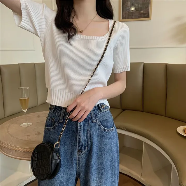 Short%20Sleeve%20Square%20Collar%20Top%20Women's%20Clothing%20New%20Spring%20and%20Summer%20Ice%20Silk%20Sweater%20Thin%20Slim%20Fit%20Slimming%20ins%20Tide%20-%20Image%202