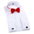 Wing Tip Collar Tuxedo Shirt Long Sleeve Men's French Cuff Button Wedding Dress Shirts Wingtip White Black Pleat with Bowtie. 