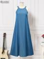 2024 PLUS SIZE ZANZEA Fashion Denim Long Dress Women Halter Swing Sundress Holiday Sleeveless Robe Casual Loose Maxi Dress.