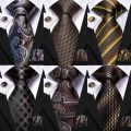 Hi-Tie Paisley Brown Tie For Men Elegant Mens Necktie Pocket Square Cufflink Groom Wedding Accessory Wholesale New Designer.
