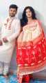 Durga Puja Special Block Print Half Silk Saree & Dhupian Silk Panjabi Combo For Couple for man and women. 