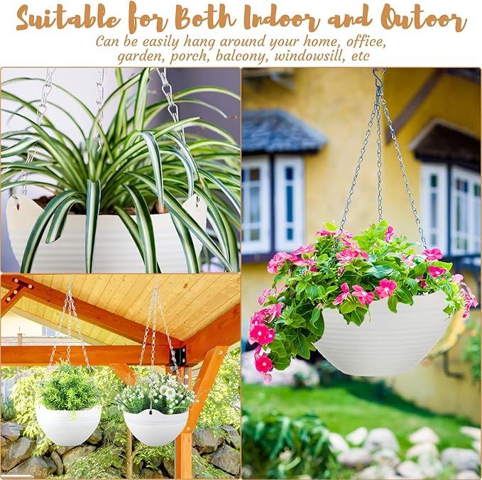 4 Pcs 8 inch Hanging Planter Pots,Self-Watering Round Hanging Basket with Water Tray and Metal Chain,Succulent Flower Plant Pot Container for Indoor Outdoor Garden Balcony Wall Decor,White