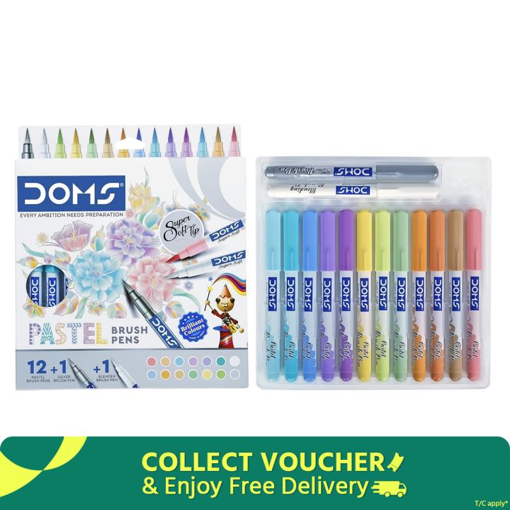 Doms Super Soft Tip Pastel Shades Brush Pen Set | 12 Pastel Shades + 1 Silver Shade + 1 Blender