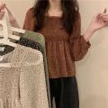 READY STOCK Korean Fashion Women Square Neck Chiffon Floral Blouse Plicated Short Style Long Sleeve Top. 