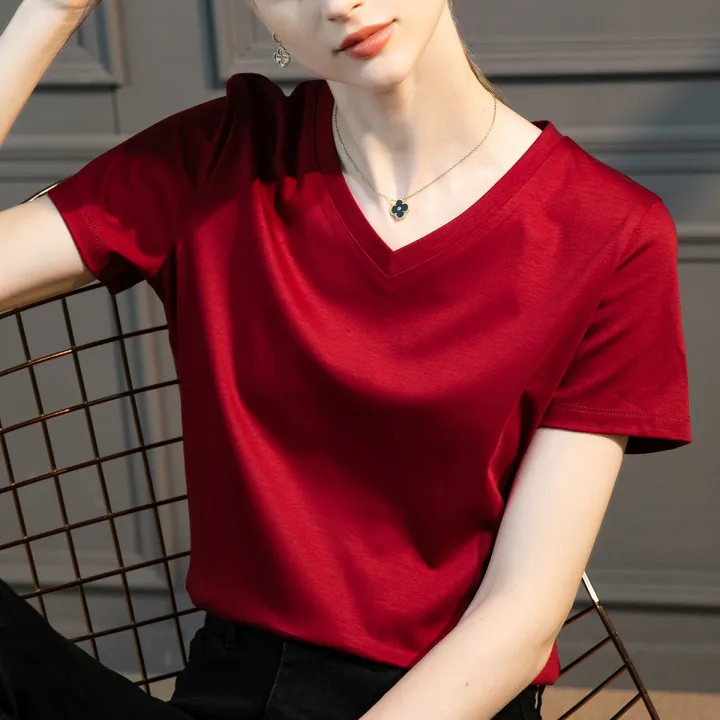 High%20count%2080%20counts%20double-sided%20mercerized%20cotton%20short%20sleeve%20white%20T-shirt%20women's%20summer%20women's%20loose%20round%20neck%20V-neck%20versatile%20T-shirt%201688%20-%20Image%203