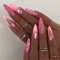 24Pcs Glitter French False Nails Pink Almond Nails with Rhinestone Long Oval Full Cover Nail Tips Wearable Press on Nails. 
