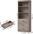 Tall Storage Cabinet, Bookcase with 3 Drawers and 3-Tier Open Shelves, Wooden Bookshelf Storage Organizer for Living Room, Study, Kitchen, Home Office, Ash Grey 72/24.