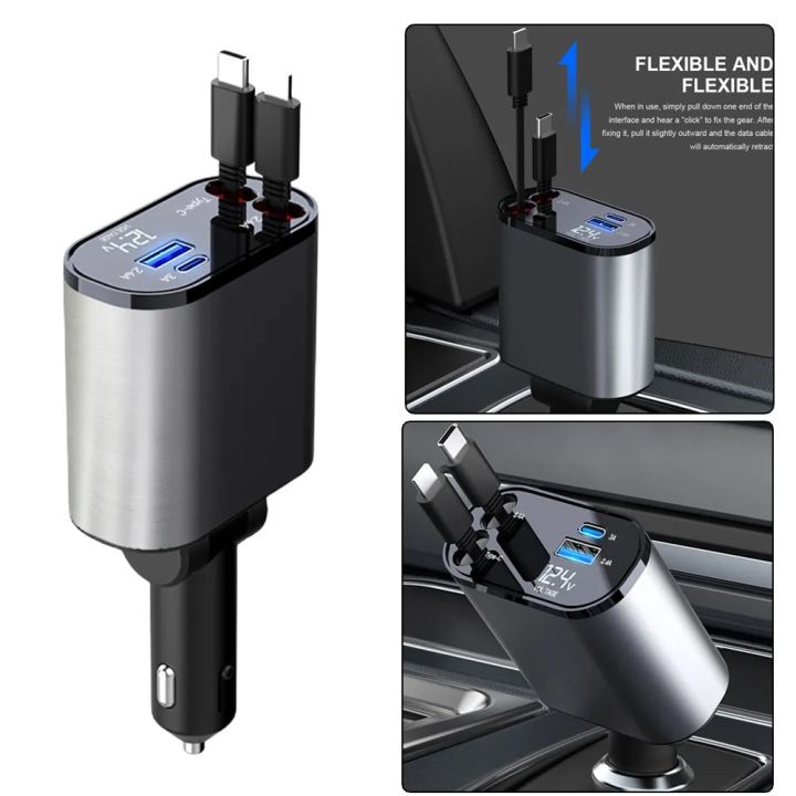 120W 4 IN 1 Retractable Car Charger USB Type C Cable For IPhone Xiaomi Huawei Samsung Fast Charge Cord Cigarette Lighter Adapter