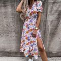 Summer  Floral Pattern Slim Dress Casual Short Sleeve High Waist Dresses Female Sexy V-Neck Outdoor Colorful Dresses. 