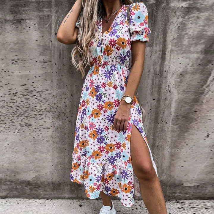 Summer%20%20Floral%20Pattern%20Slim%20Dress%20Casual%20Short%20Sleeve%20High%20Waist%20Dresses%20Female%20Sexy%20V-Neck%20Outdoor%20Colorful%20Dresses%20-%20Image%204
