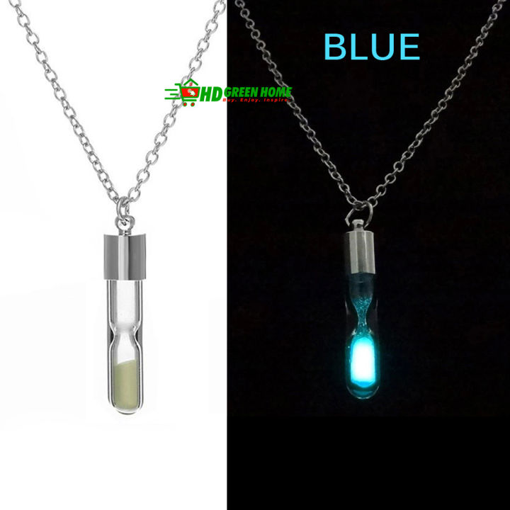 Hourglass Luminous Necklace Glass with Chain Glow in the Dark Sand Hourglass Pendant Jewelry Jewellery (Blue)