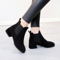 Nubuck Boots Women's Mid Heel 2022 New Block Heel Martin Boots Round Toe Women's Chelsea Boots Slip-on Mom Shoes.