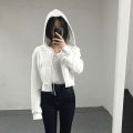 Spring and Autumn New Cardigan Cropped Top Korean Version Hooded Sweatshirt Women's Thin Solid Color Student Zipper Small Jacket Looks Thin.