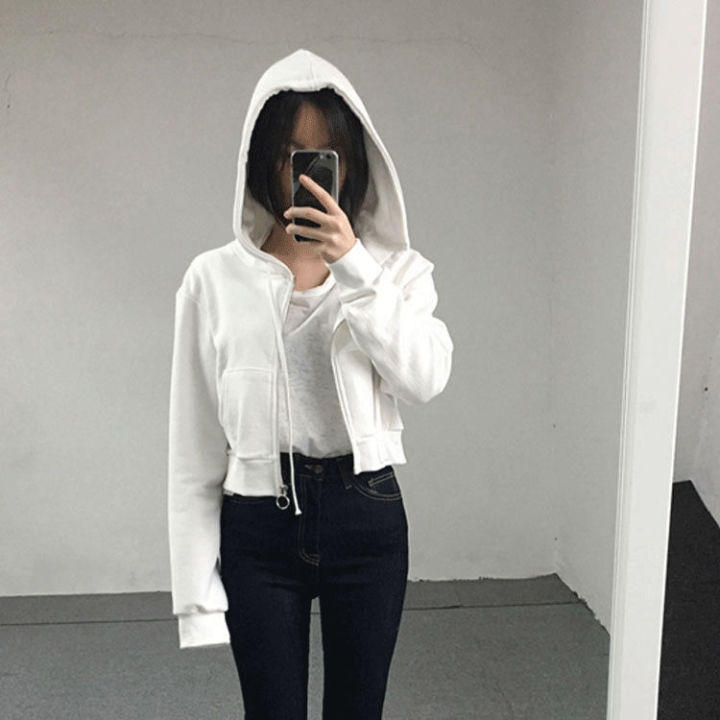 Spring%20and%20Autumn%20New%20Cardigan%20Cropped%20Top%20Korean%20Version%20Hooded%20Sweatshirt%20Women's%20Thin%20Solid%20Color%20Student%20Zipper%20Small%20Jacket%20Looks%20Thin%20-%20Image%202