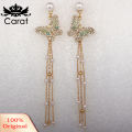 Lady Bling Rhinestone Inlaid Butterfly Long Tassel Faux Pearl Drop Stud Earrings. 