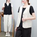 Women's Cotton and Linen Vest Artistic CasualVCollar Sleeveless Waistcoat Summer Thin Outer Match Cardigan Vest Small Coat.