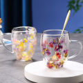 Real Flower Double-layer Glass Cup with Handle Heat-resistant Mug Tea Coffee Cup Espresso Milk Cup Creative Gift Double Wall. 