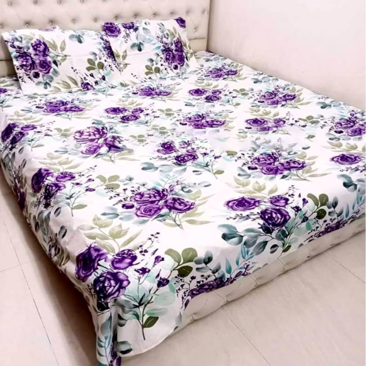AC HOME TEX Cotton Fabric (সুতি কাপড়) Disital Printed 7 by 8 Feet Double King Size Bed Sheet With Two Matching Head Pillow Covers.