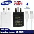 Samsung Super Fast Charger 45W Charge EP-TA845 UK Plug 3 Pin PD Fast Charger Adapter with Type-C To Type-C PD Cable For Samsung GALAXY S23 Ultra S22 Ultra S20 S10 Note 10 Plus S22 Note 20 Ultra 5G A91 A80 S20+ Note10+. 