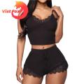 Vist Fox Women Pajamas Set Lace Edge Elastic Waist Women Nightwear Set.