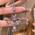 Gothic Pink Cross Necklace Y2K Purple Zircon Punk Pendant Necklace Grunge Heart Cross Necklace for Women Jewelry Accessories.