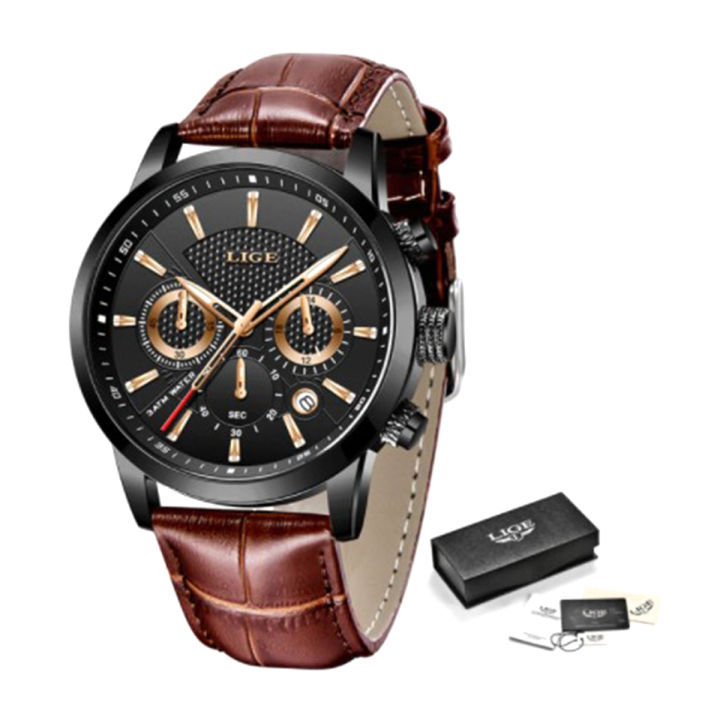 LIGE%209866%20Chocolate%20PU%20Leather%20Chronograph%20Watch%20For%20Men%20-%20Black%20&%20Chocolate%20-%20Image%202