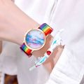 Ladies Watch Rainbow Canvas Strap Quartz Kids Wristwatch With Sports Bracelet Set. 
