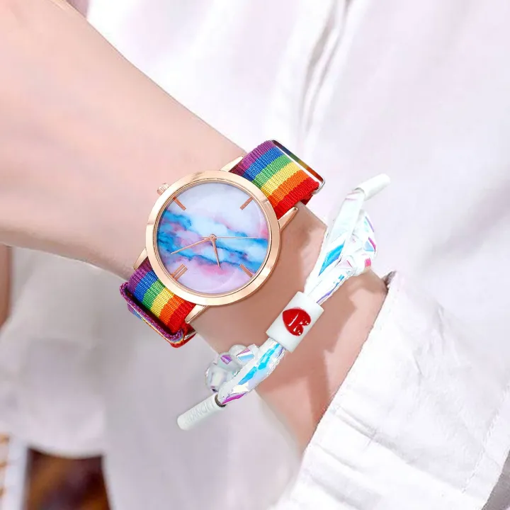 Ladies%20Watch%20Rainbow%20Canvas%20Strap%20Quartz%20Kids%20Wristwatch%20With%20Sports%20Bracelet%20Set%20-%20Image%209