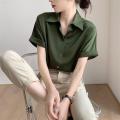 Shirt Women's Summer Satin2023New Interview Formal Wear Shirt Green Retro Hong Kong Style Drape Top. 