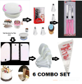 6 A Set  Cake Decoration Turntable , 12 Pieces Of Stainless Steel Nozzle Set , 3 pieces of cake planner , Measuring Spoon Cup Set , 3 pieces Plastic Cream Scraper & 10 Pieces Pipping Bags. 