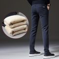 Winter Men's Warm Casual Pants Business Fashion Slim Fit Stretch Thicken Gray Blue Black Cotton Trousers Male.
