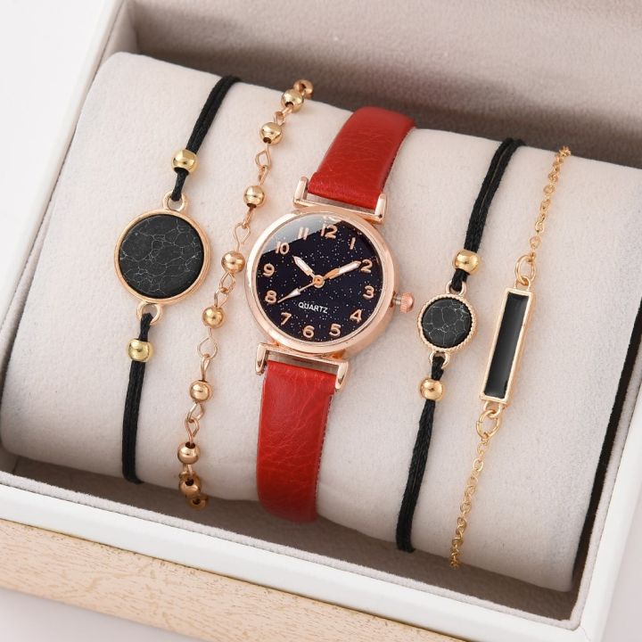 Elegant%20and%20Minimalist%205pcs%20Women's%20Quartz%20Watch%20Personalized%20Girl's%20Leather%20Wristwatch%20and%20Versatile%20Bracelet%20Set%20New%20Design%20Black%20Starry%20Sky%20Dial%20Korean%20Fashion%20Accessories%20Ladies%20Watches%20-%20Image%204