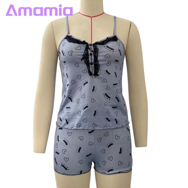 Amamia%20Women%20Loungewear%20Lace%20Stitching%20Women%20Dot%20Print%20Sling%20Vest%20Wide%20Leg%20Shorts%20Set%20-%20Image%204