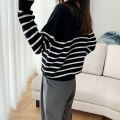 Fashion Slimming round Neck Sweater Women's Black and White Striped Loose Korean Style Outer Wear Autumn and Winter All-Matching Base Sweater. 