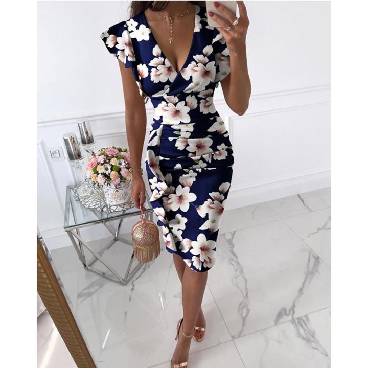2021 Summer Fashion Women 's Clothing V-Neck Elegant Slim Print Pleated  Ruffles Package Female Dress Vestidos De Fiesta | Daraz.com.bd