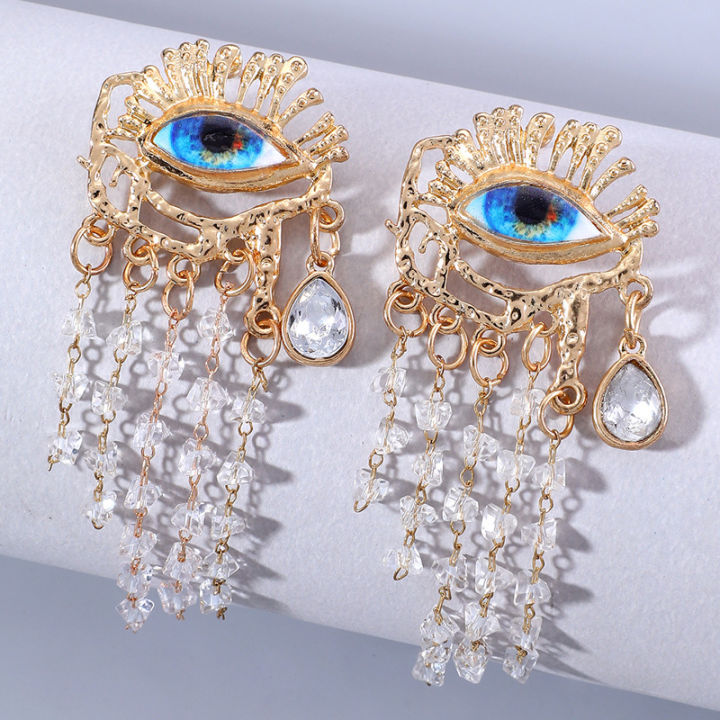 Pair Long Tassel Dangle Earrings Crystal Shiny Diamond Demon Eye
