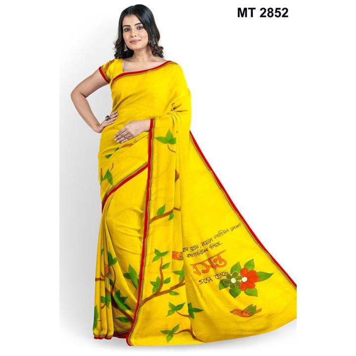 Tangail Tat Multicolor Falgun Special Half Silk Hand Paint Saree with Blouse Piece for Women
