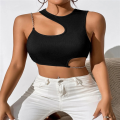 High Street Chain Cut Out Crop Top Women Summer Y2K Clothes Solid Black Asymmetrical Neck Sleeveless Tank Top Streetwear. 