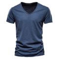 AIOPESON 100% Cotton Men T-shirt V-neck Fashion Design Slim Fit Soild T-shirts Male Tops Tees Short Sleeve T Shirt For Men.