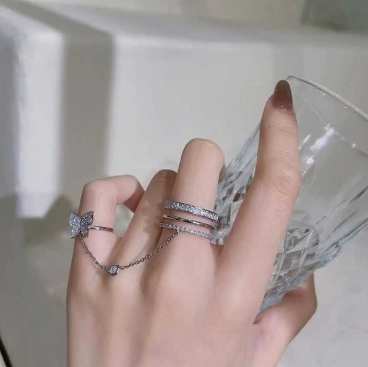 Butterfly Double Finger Chain Rings For Women - Ring SIlver Color