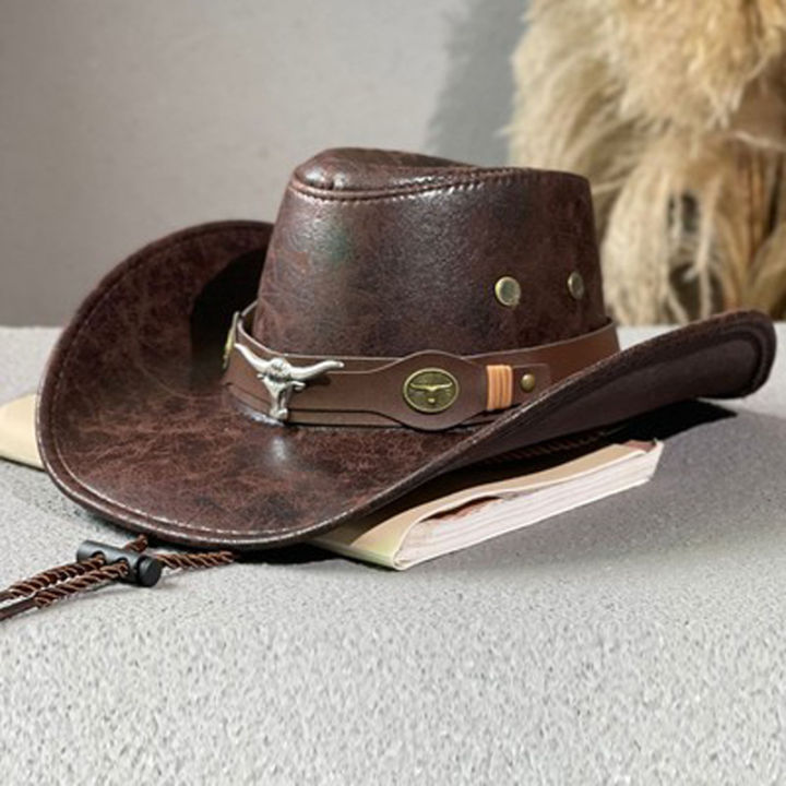 Western%20Cowboy%20Hat%20Ox%20Head%20Belt%20Rivet%20Fedora%20Hat%20for%20Men%20Women%20Outdoor%20Travel%20Wide%20Brim%20Sun%20Hat%20Faux%20Leather%20Panama%20Cowgirl%20Hat%20-%20Image%206