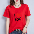 [ In stock ] Summer Korean Style Women's Clothing English I LOVEYOU Short Sleeve T Loose Slimming round Neck Pullover Bottoming Shirt. 