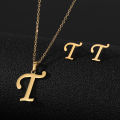 Hot Selling custom Jewelry sets Gold plated Stainless Steel 26 Letter Pendant Initial Necklace Stud Earrings Set For Women Gift. 