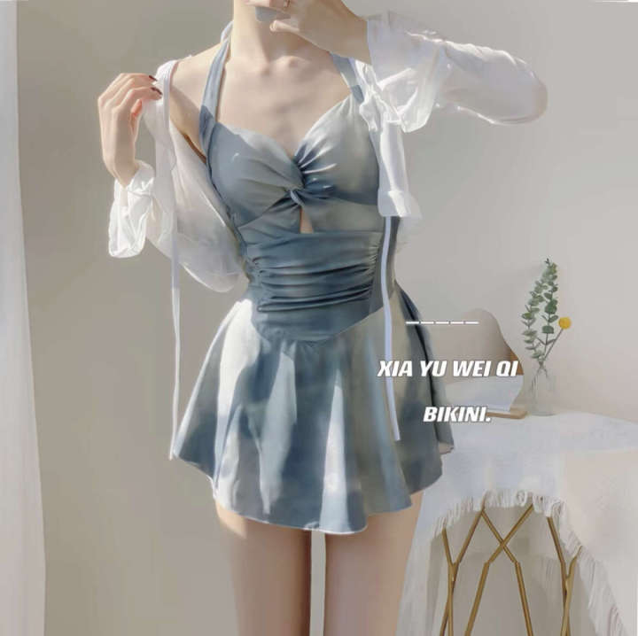 Xia Yuwei Qi [Vivian] Tie Dyed Blue Spicy Hanging Neck Skirt Style Covering Belly and Slimming One piece Swimming Suit Girl