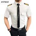 Captain Clothes Air Force Pilot Uniform Shirt Men Aviation White Black Slim Fit Social Work Cosplay Short Sleeve Dress Shirt Men.
