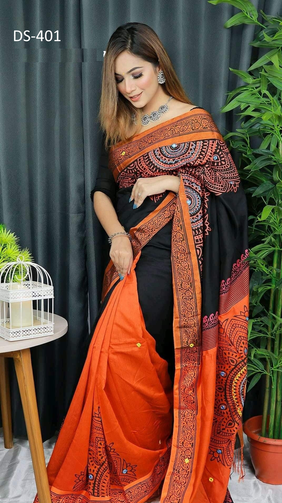 Fashionable Dupian Saree for Women - Block print And Embroidery Work