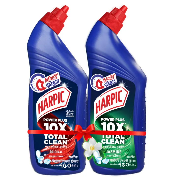 Harpic Toilet Cleaner Original & Jasmine Double Pack 1.5L (750 ml X 2) – Power Plus 10× Total Clean, New Thicker Formula, Kills 99.99% of Germs