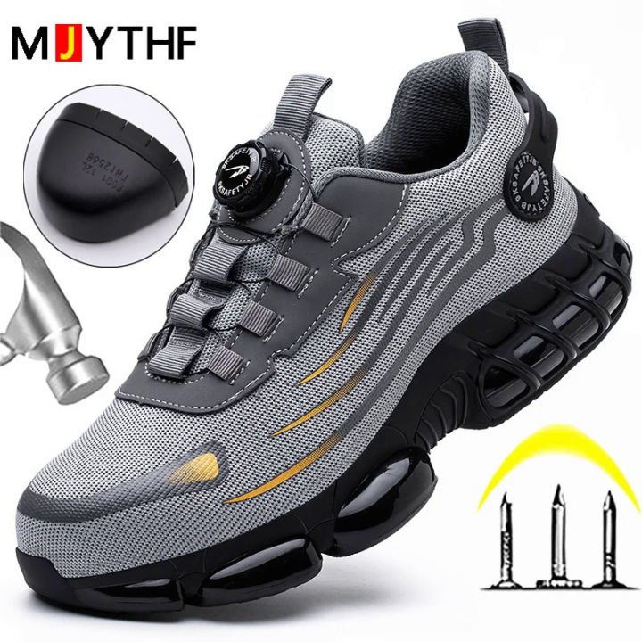 【selevn roind】 Rotating Button New Safety Shoes Men Anti-smash Anti-puncture Work Shoes Fashion Men Sport Shoes Security Protective Boots Men