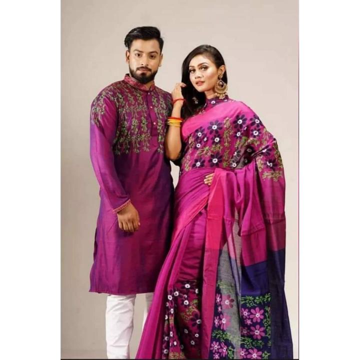 Occasional Dress/Couple Set/Matching Dress/Traditionally Dress/Sari And Panjabi- Block Print Saree & Panjabi - Sari - Saree - শাড়ি